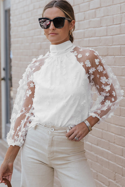 White Mock Neck Floral Mesh Long Sleeve Top