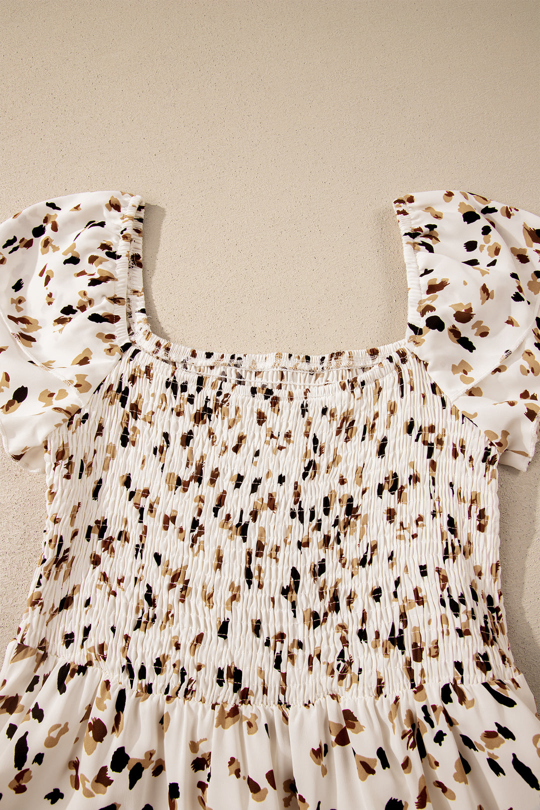Beige Ditsy Floral Print Smocked Square Neck Ruffle Short Sleeve Dress