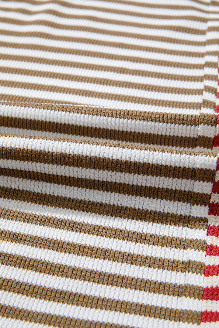 Red Striped Colorblock V Neck Long Sleeve Top