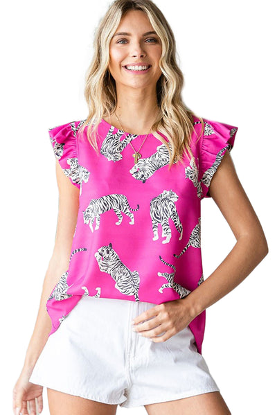 Rose Tiger Pattern Flutter Sleeve Crew Neck Blouse