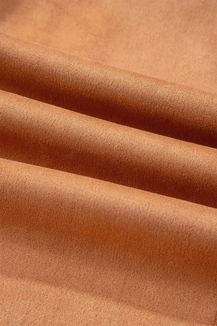 Thai Curry Collared V Neck Faux Suede Short Sleeve Shift Mini Dress