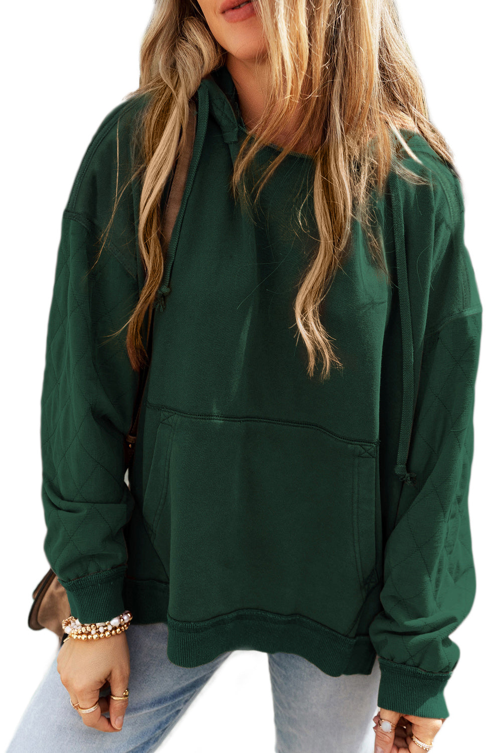 Blackish Green Quilted Patchwork Exposed Seam Hoodie