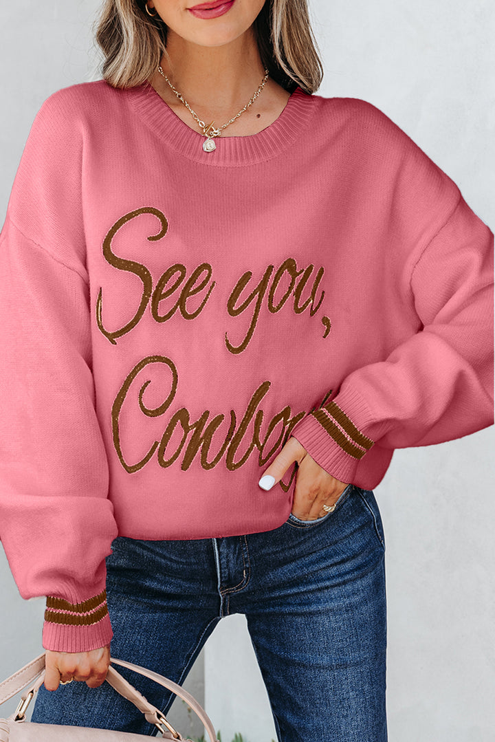 Light Grey See You Cowboy Embroidered Western Graphic Sweater