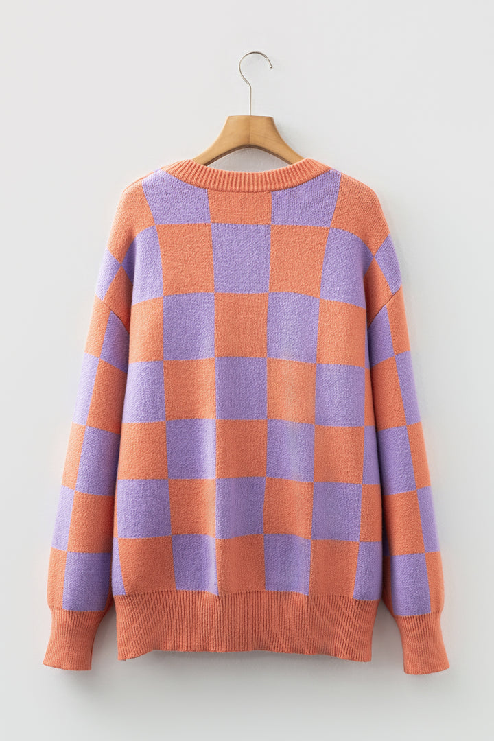 Grapefruit Orange Checkered Pattern Ribbed Trim Knit Baggy Sweater