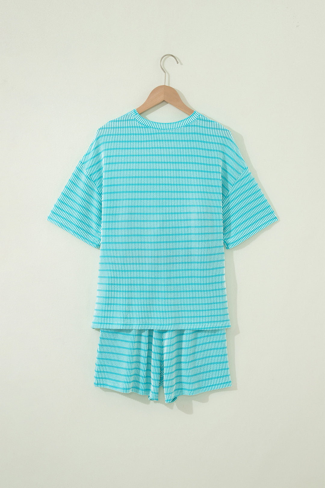 Rose Stripe Raised Rib Loose Tee Drawstring Elastic Waist 2pcs Short Set