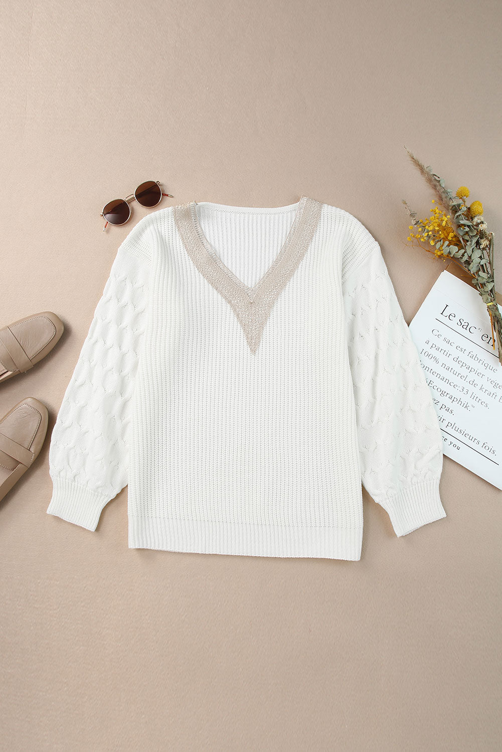 White Cable Puff Sleeve Lace V Neck Sweater