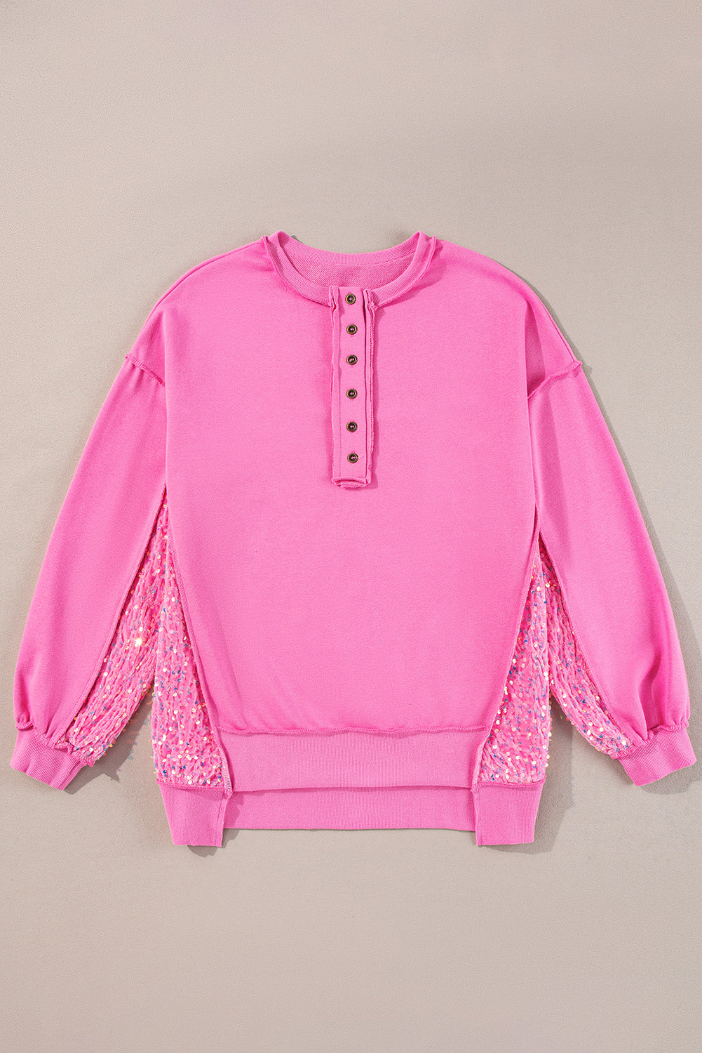 Bonbon Sequin Patchwork High Low Hem Henley Sweatshirt