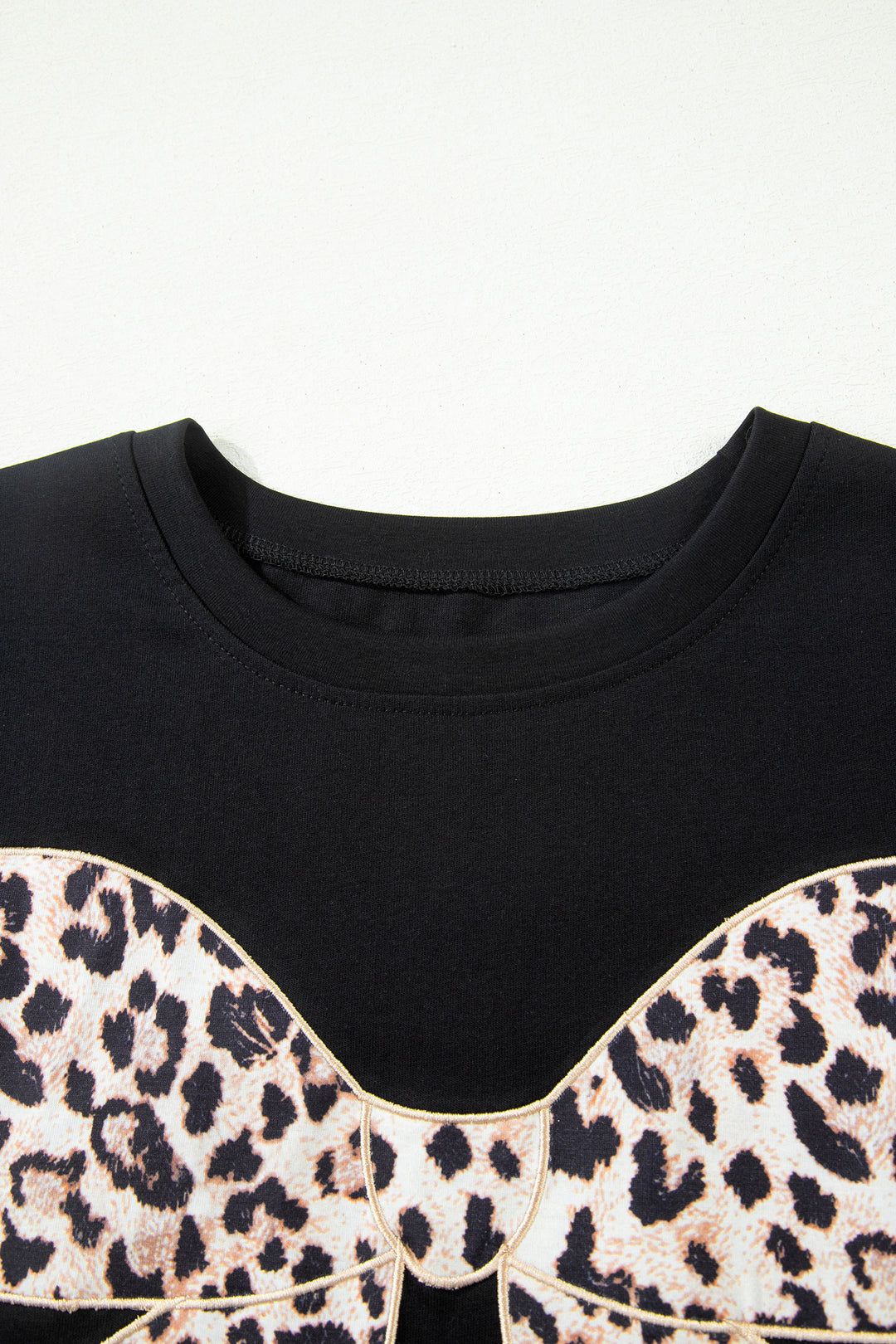 Black Leopard Bow Embroidered Cotton Round Neck T Shirt