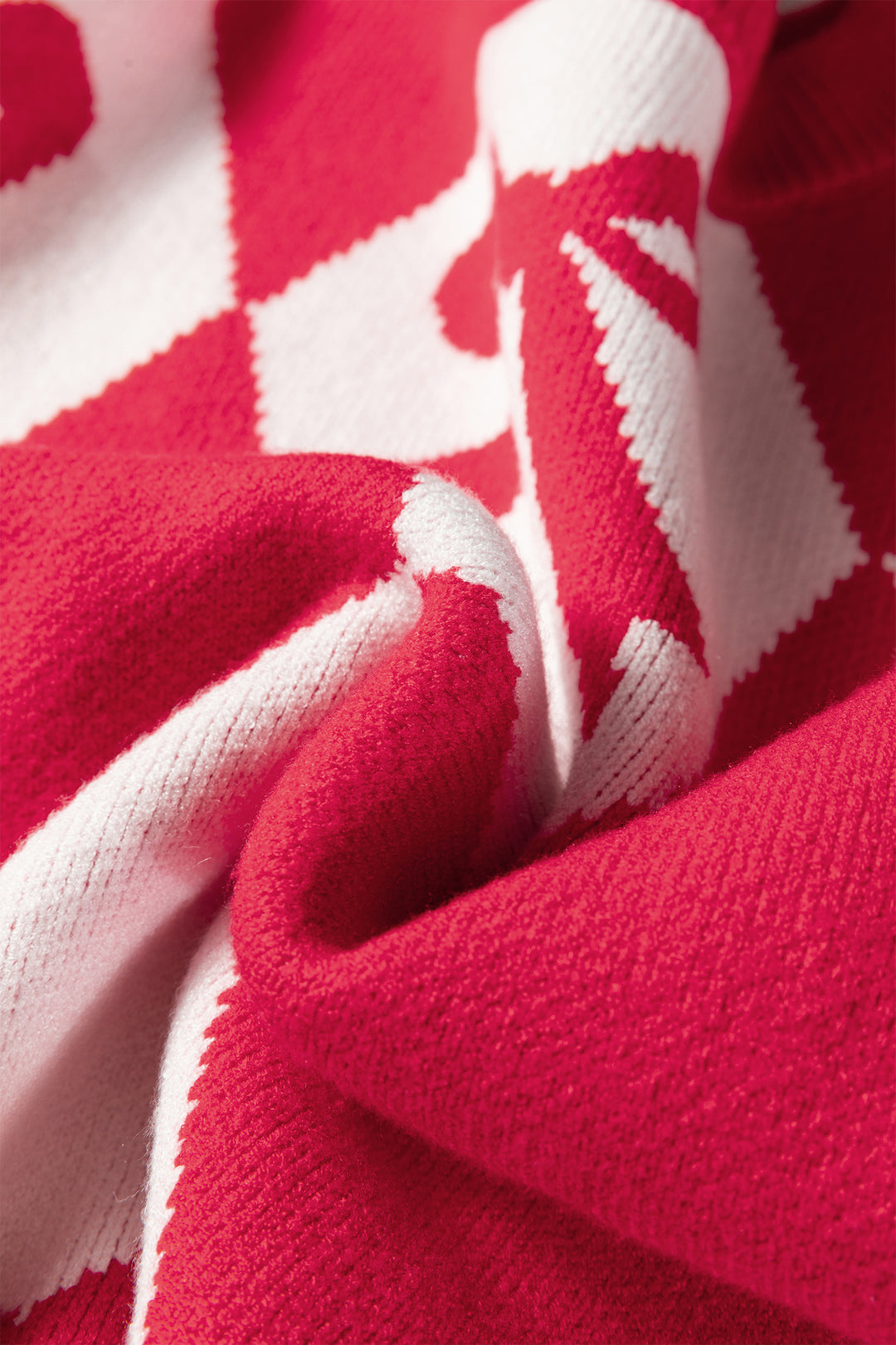 Red Bow Print 2-tone Rhombus Knit Loose Sweater