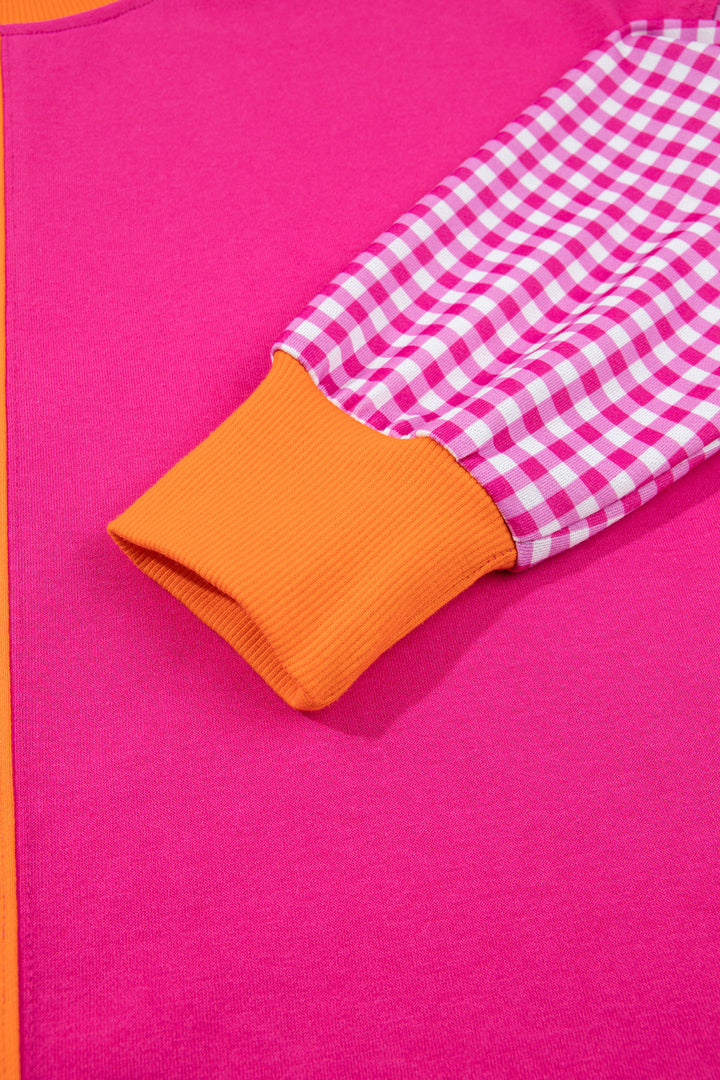 Rose Red Colorblock Gingham Sleeve Crewneck Sweatshirt