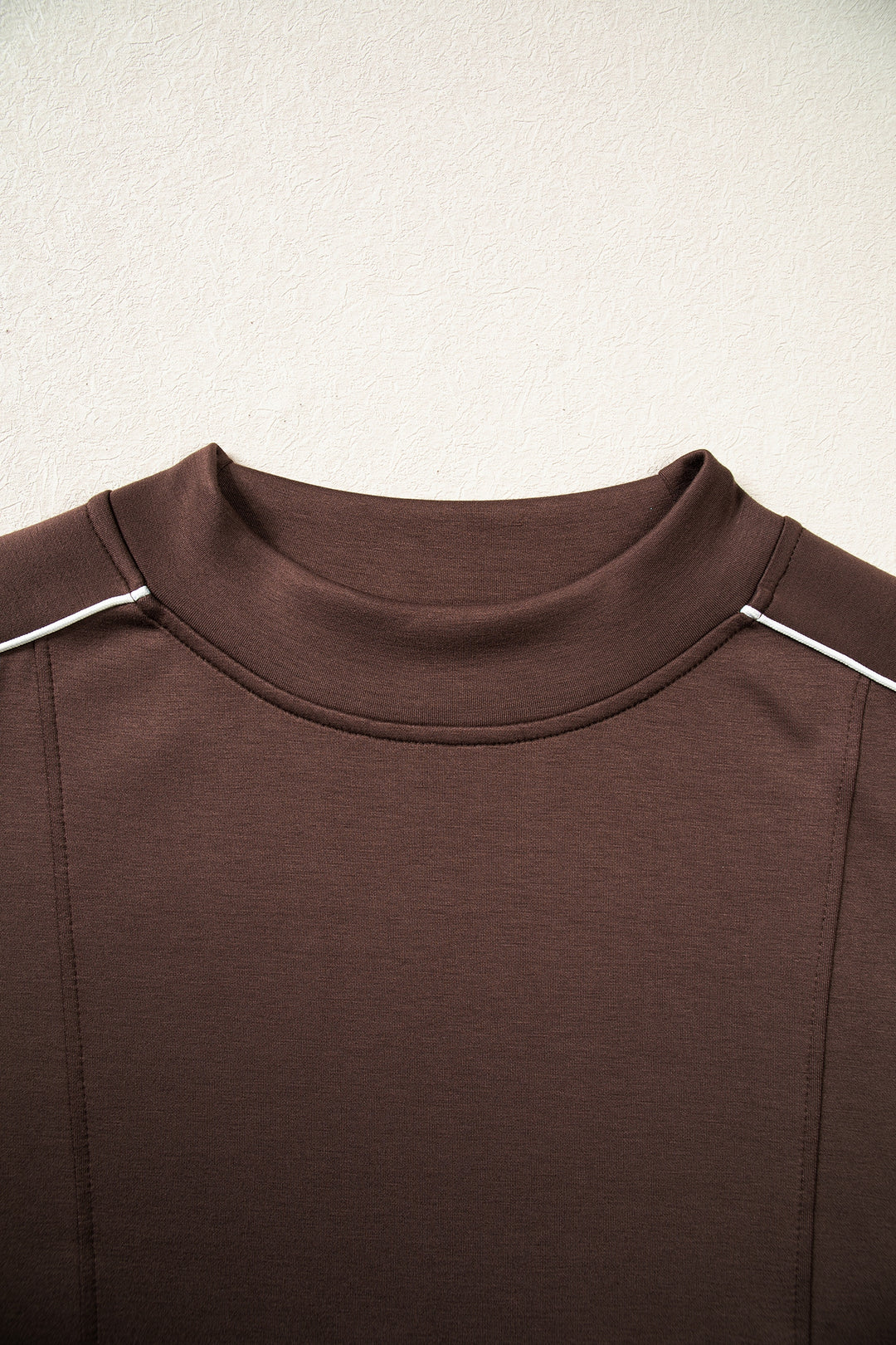 Coffee Sporty Piping Trim Mock Neck Pullover Relaxed 2pcs Pant Set