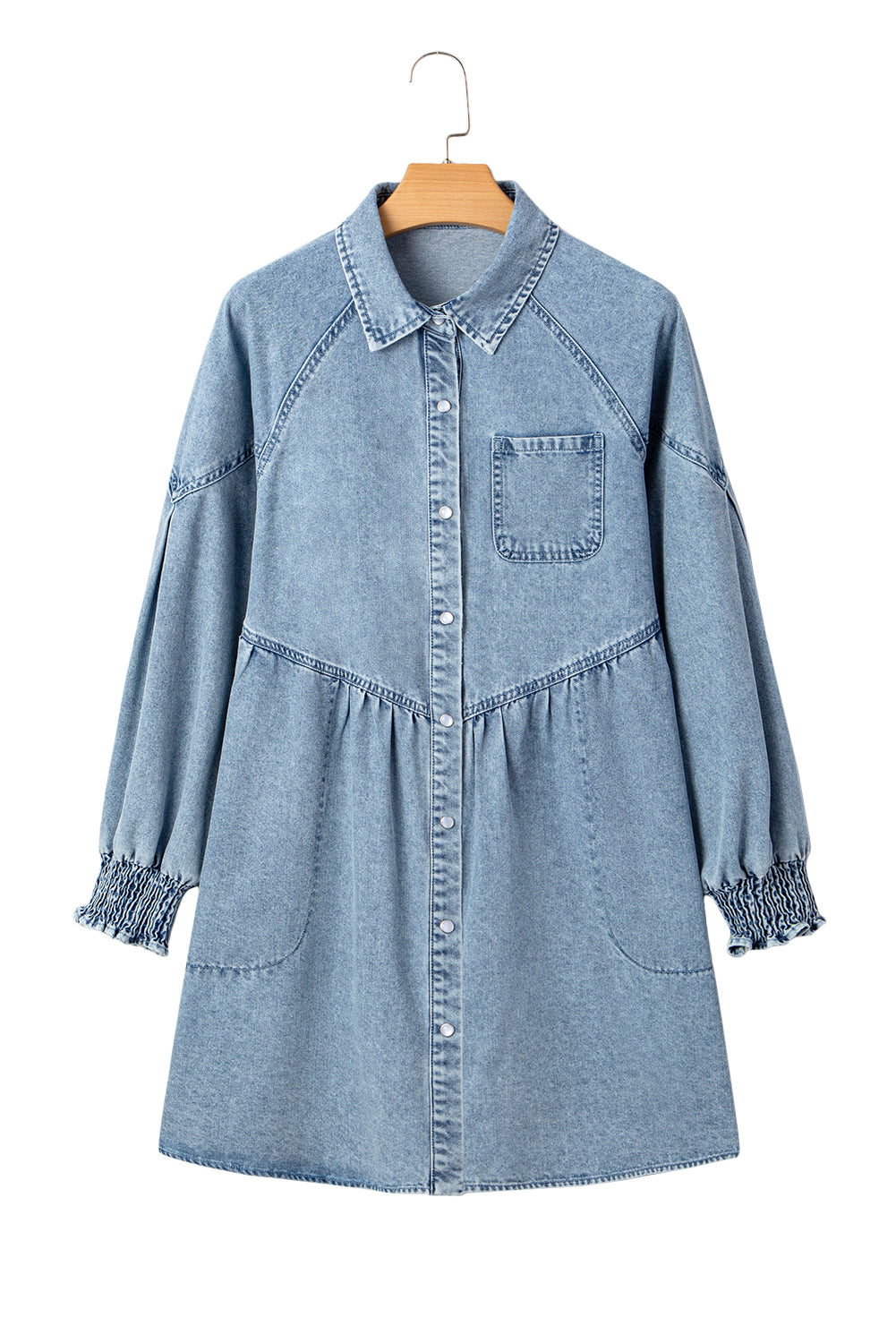 Beau Blue Smocked Cuffs Flared Denim Shirt Mini Dress
