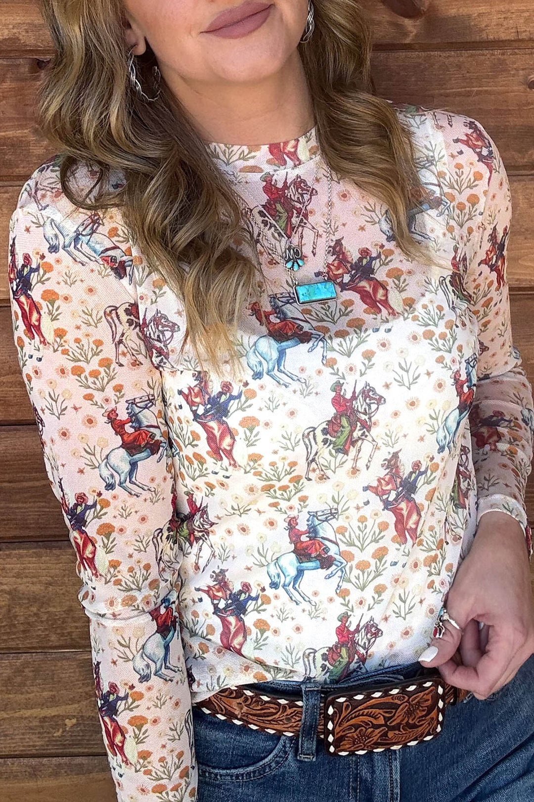 Beige Western Cowboy Floral Print Sheer Mesh Long Sleeve Top
