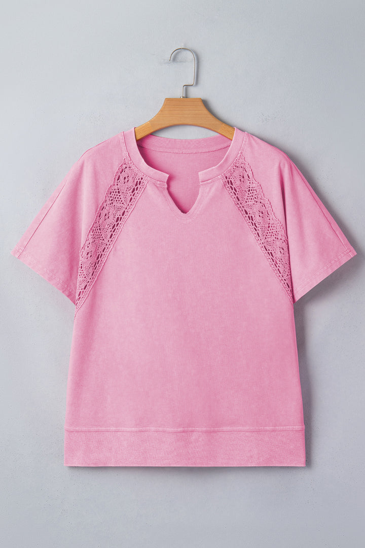 Mint Green Raw Cut Notched Neck Lace Patchwork Detail Mineral Wash Tee