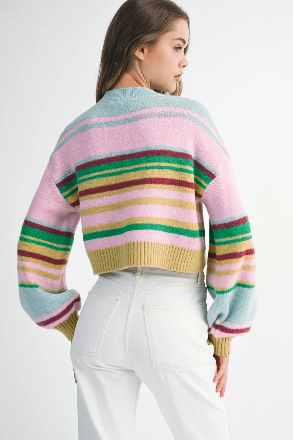 Multicolour Striped Knit Ribbed Trim Boxy Fit Cropped Sweater