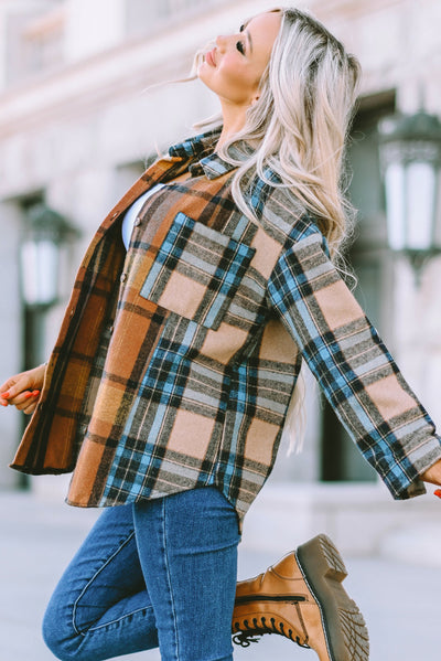 Brown Plaid Color Block Buttoned Shirt with Pockets