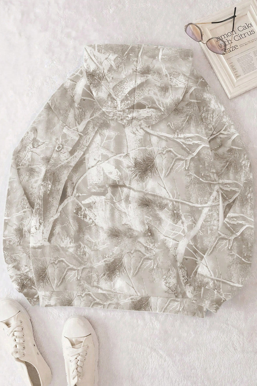 Beige Camouflage Woodland Print Oversized Sporty Hoodie