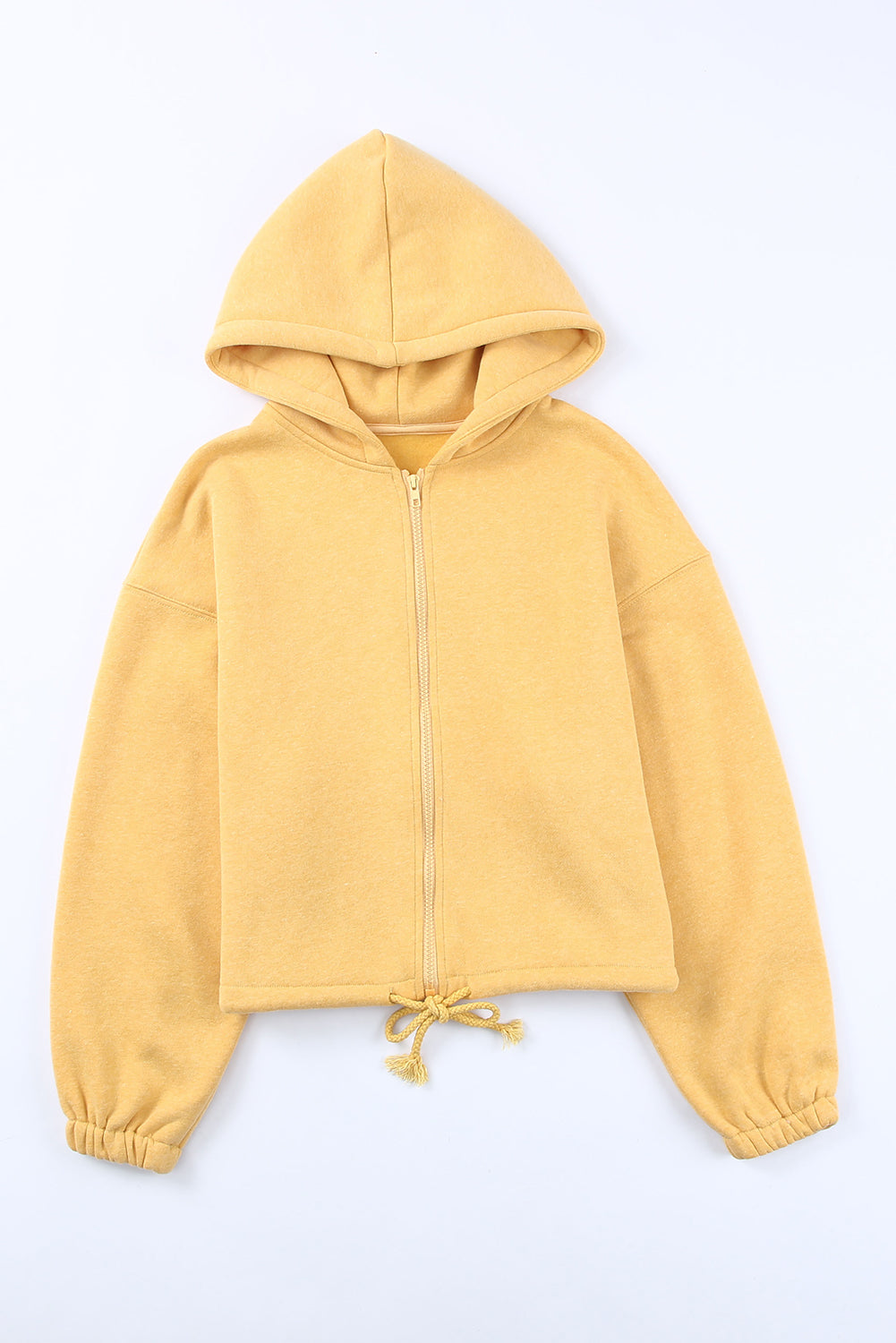 Yellow Zip Closure Drawstring Cinched Cropped Hoodie