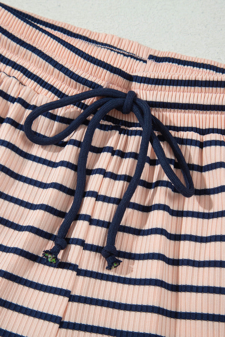 Blue Stripe Color Block Long Sleeve Pullover Ribbed Knit Casual Shorts Set