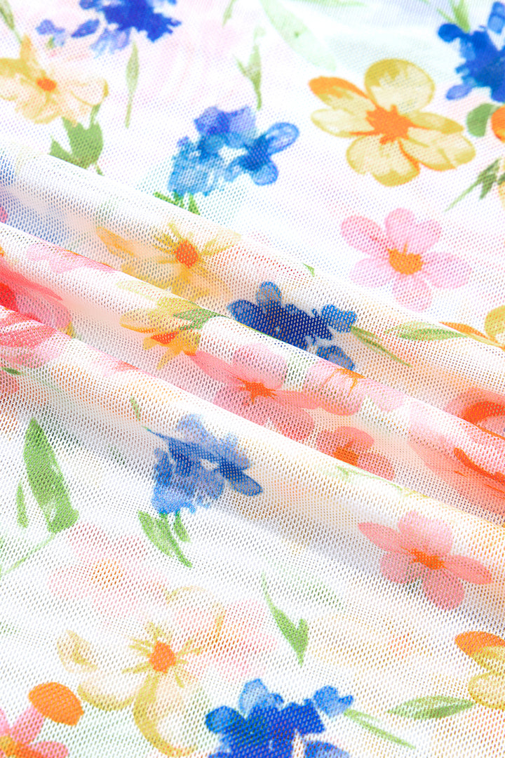 White Lettuce Trim Floral Print Sheer Mesh Long Sleeve Top