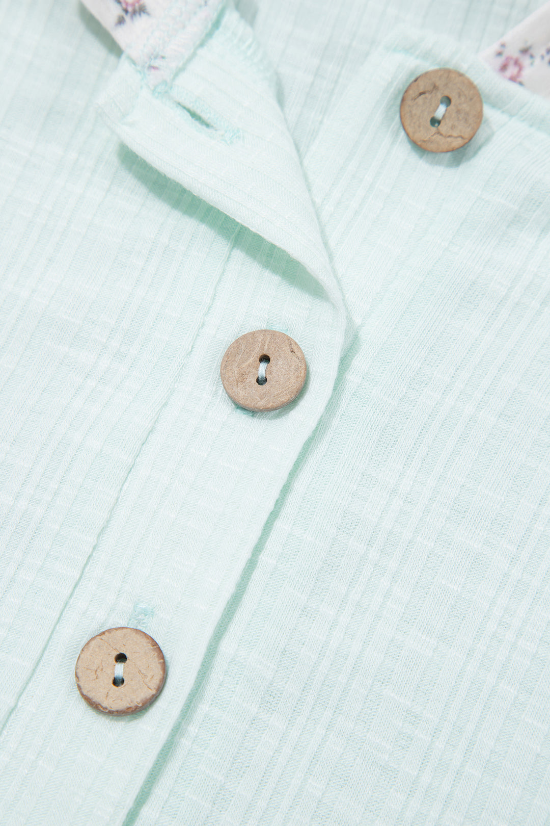 Clearly Aqua Textured Floral Patchwork Button Hooded Long Sleeve Top