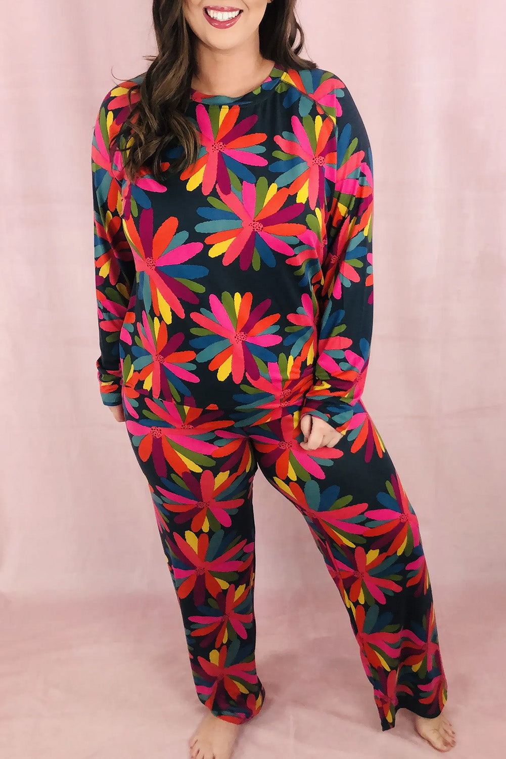 Black Plus Size Printed Long Sleeve and Pants Lounge Set