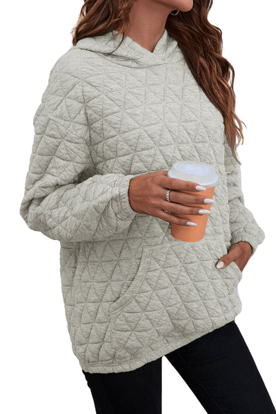 Light Grey Solid Color Quilted Kangaroo Pocket Hoodie