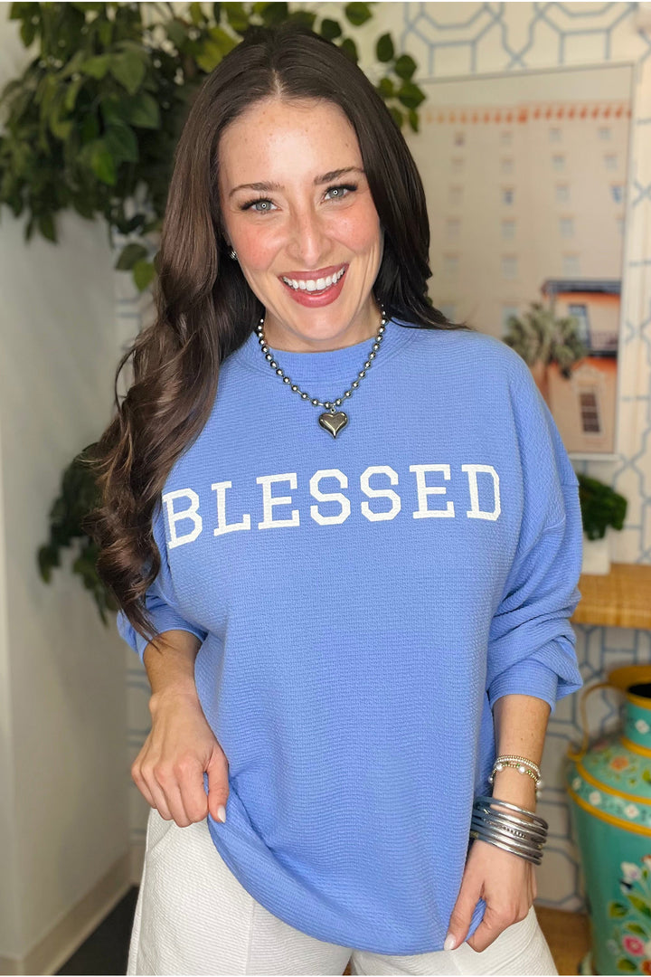 Beau Blue Faith Slogan Printed Solid Color Textured Crewneck Long Sleeve Top
