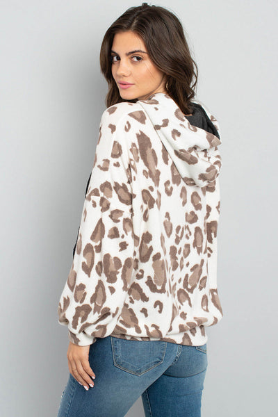 Leopard Brushed Hacci Puff Sleeved Hoodie With Drawstrings