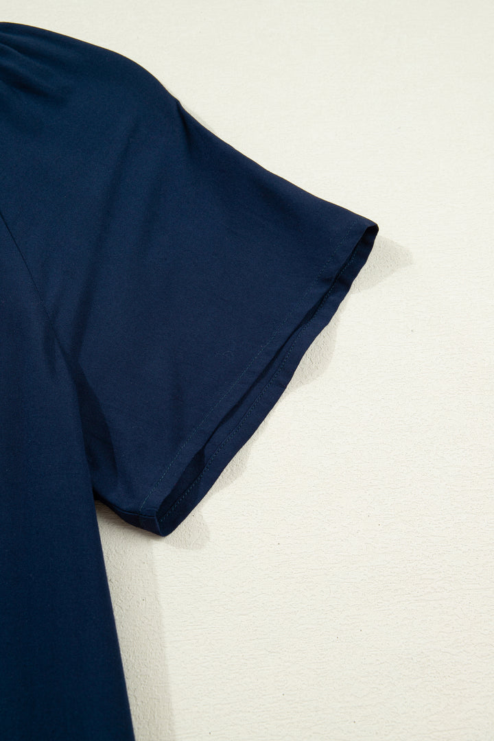 Navy Blue Button Detail Leopard Metallic Trim Short Sleeve Tunic Dress
