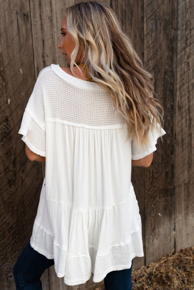 White Contrast Knit Splicing V Neck Studded Blouse