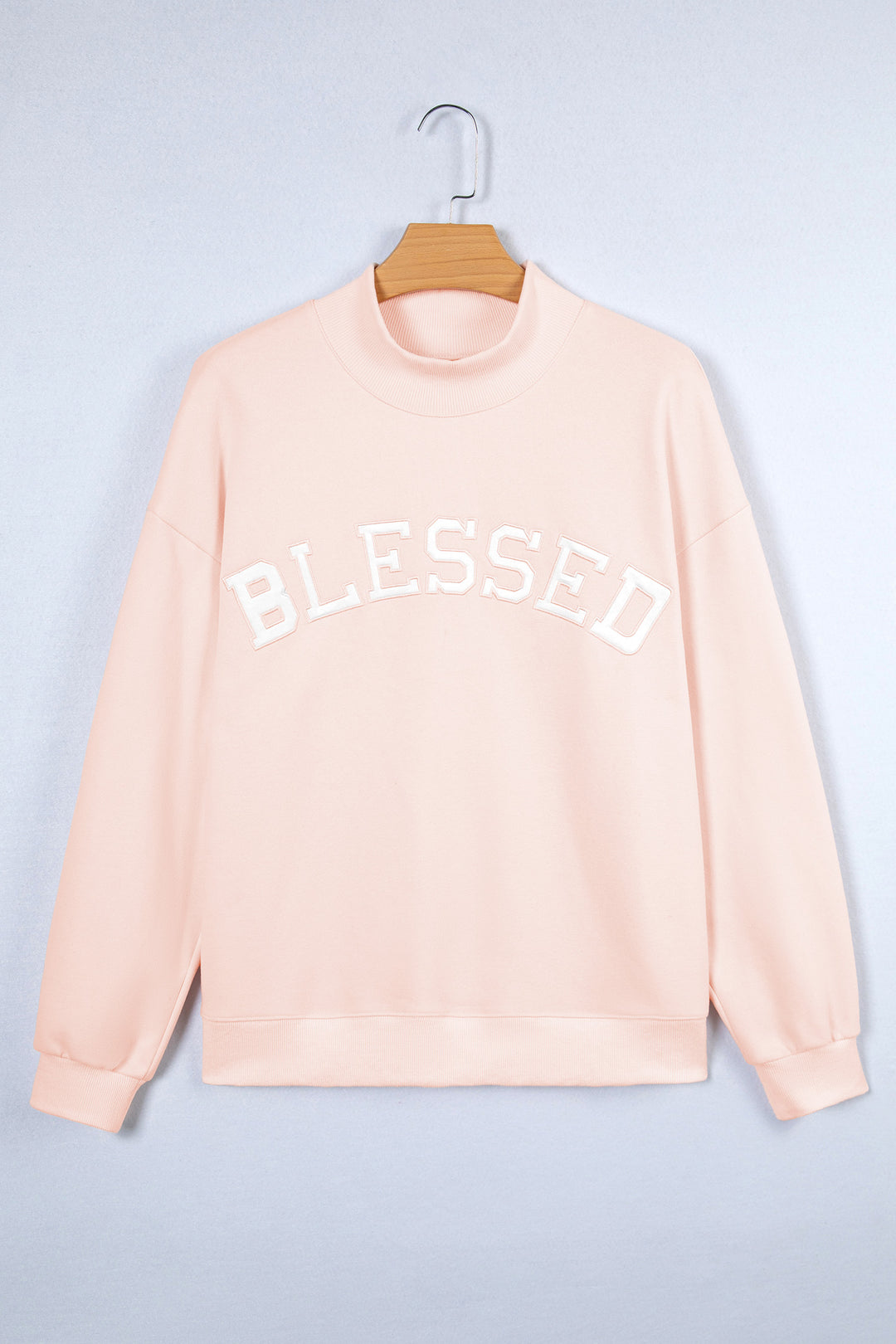 Light Pink Oversize Blessed Embroidered Mock Neck Sweatshirt