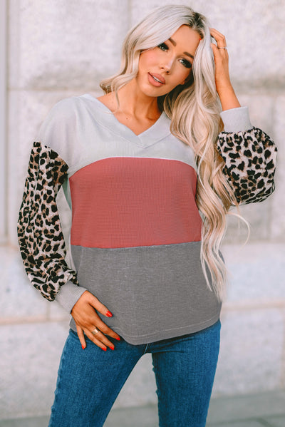 Fiery Red Wild Leopard Contrast Sleeve Colorblock Waffle Knit Top