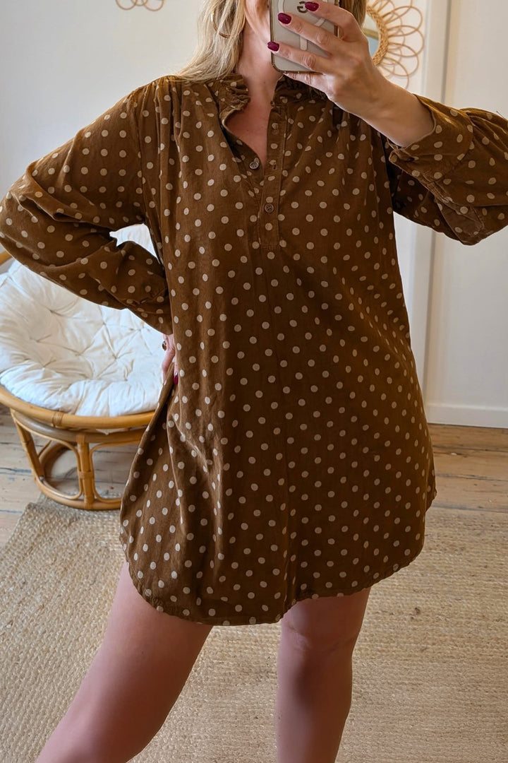 Brown Polka Dot V Neck Long Sleeve Button Shift Dress