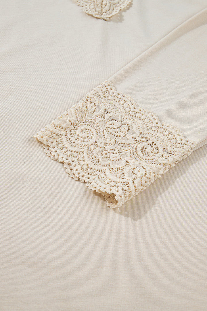 Apricot Lace Splicing V Neck Long Sleeve Top
