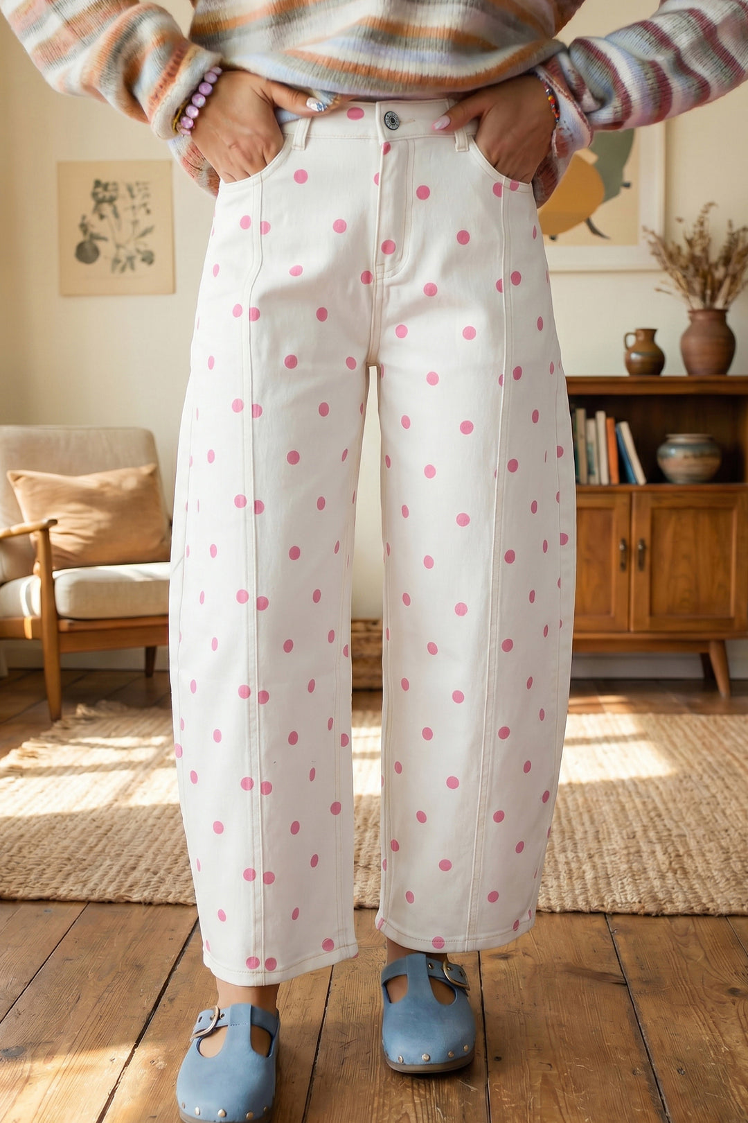 Pink Polka Dot Print Seam Detail Barrel Jeans