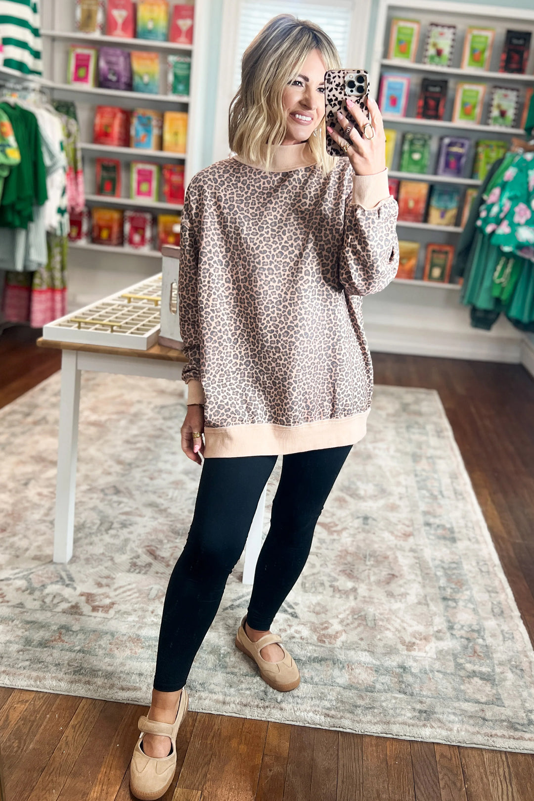 Multicolour Leopard Print High Neck Long Sleeve Ribbed Cuffs Hem Sweatshirt