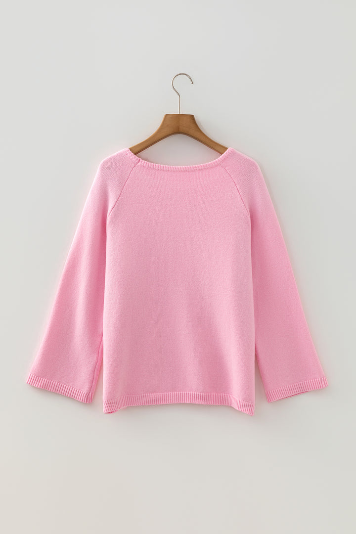 Pink Solid Color Knit Loose Bracelet Sleeve Dolman Sweater