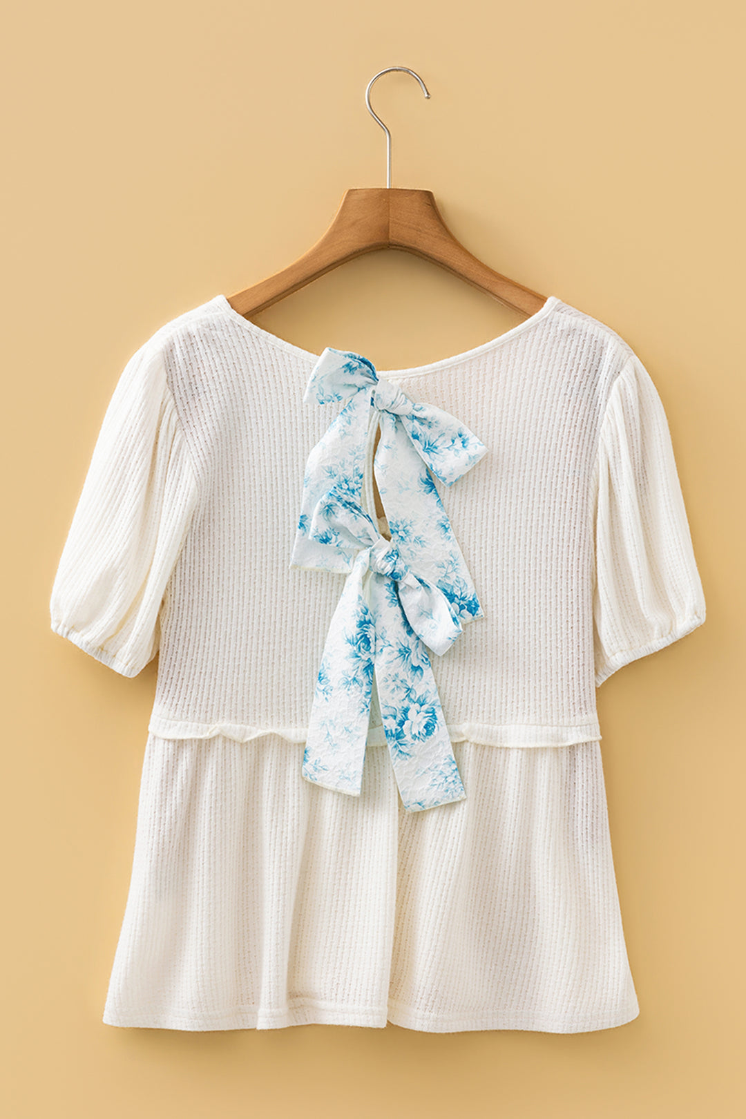 White Textured Knit V Neck Short Bubble Sleeve Peplum Top