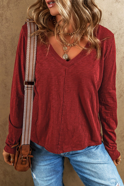 Red Sandalwood V Neck Center Seam Long Sleeve Tee