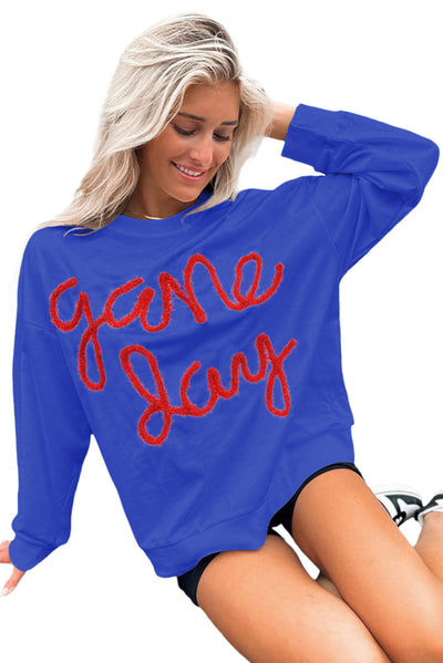 Dark Blue Tinsel Game Day Drop Shoulder Graphic Sweatshirt