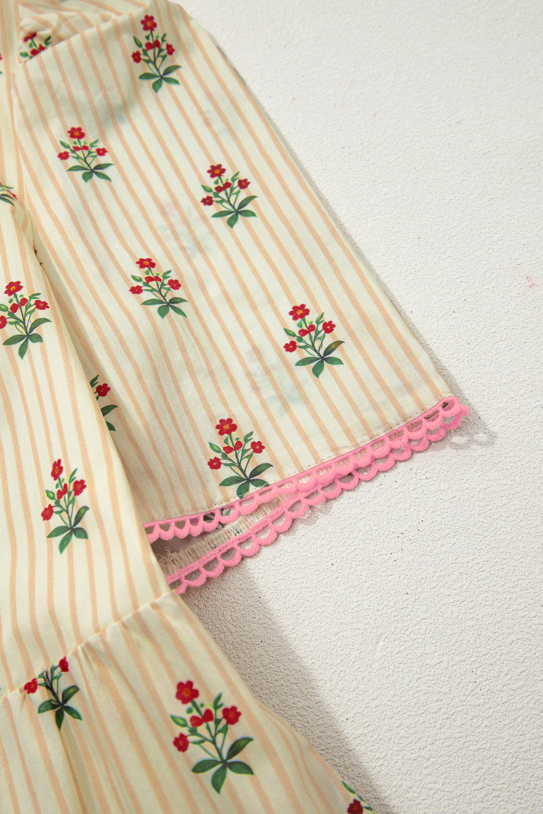 Apricot Striped Floral Print Contrast Detail Ruffle Hem Short Dress