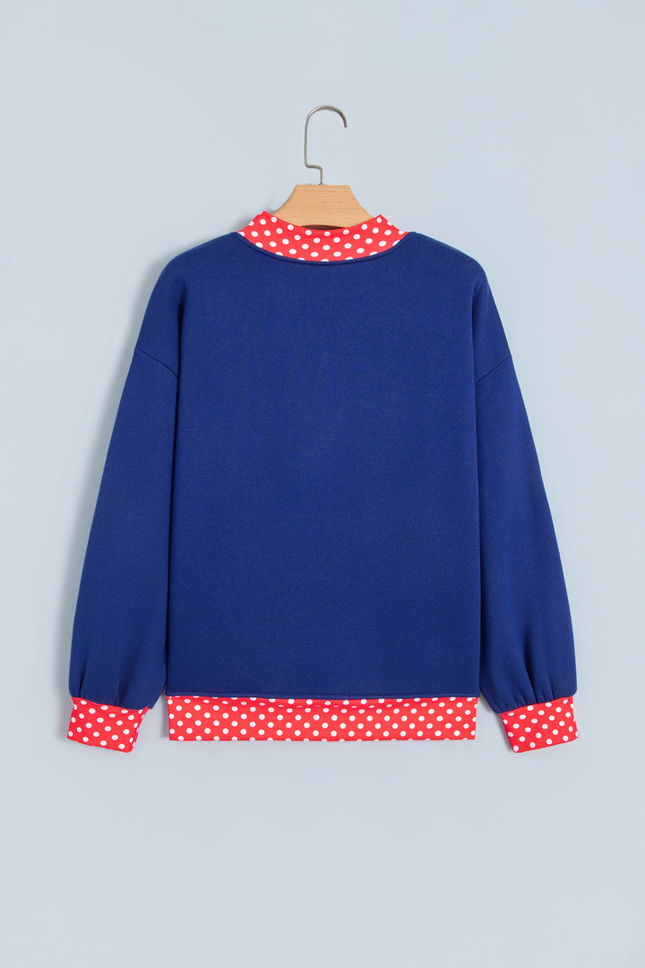 Fiery Red Polka Dot Letter Print Contrast Trim Mock Neck Sweatshirt
