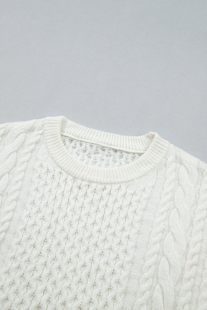 Beige Solid Color Cable Detail Knit Loose Round Neck Sweater