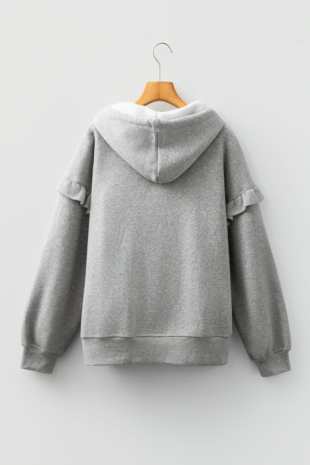 Gray Contrast Rope Drawstring Ruffle Trim Drop Shoulder Baggy Hoodie