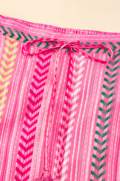 Pink Boho Printed Tasseled Drawstring Ruffled Maxi Skirt