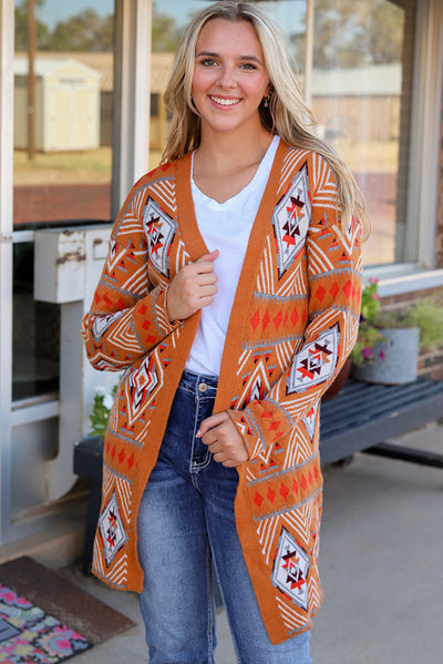 Brown Aztec Geometric Knit Open Front Cardigan