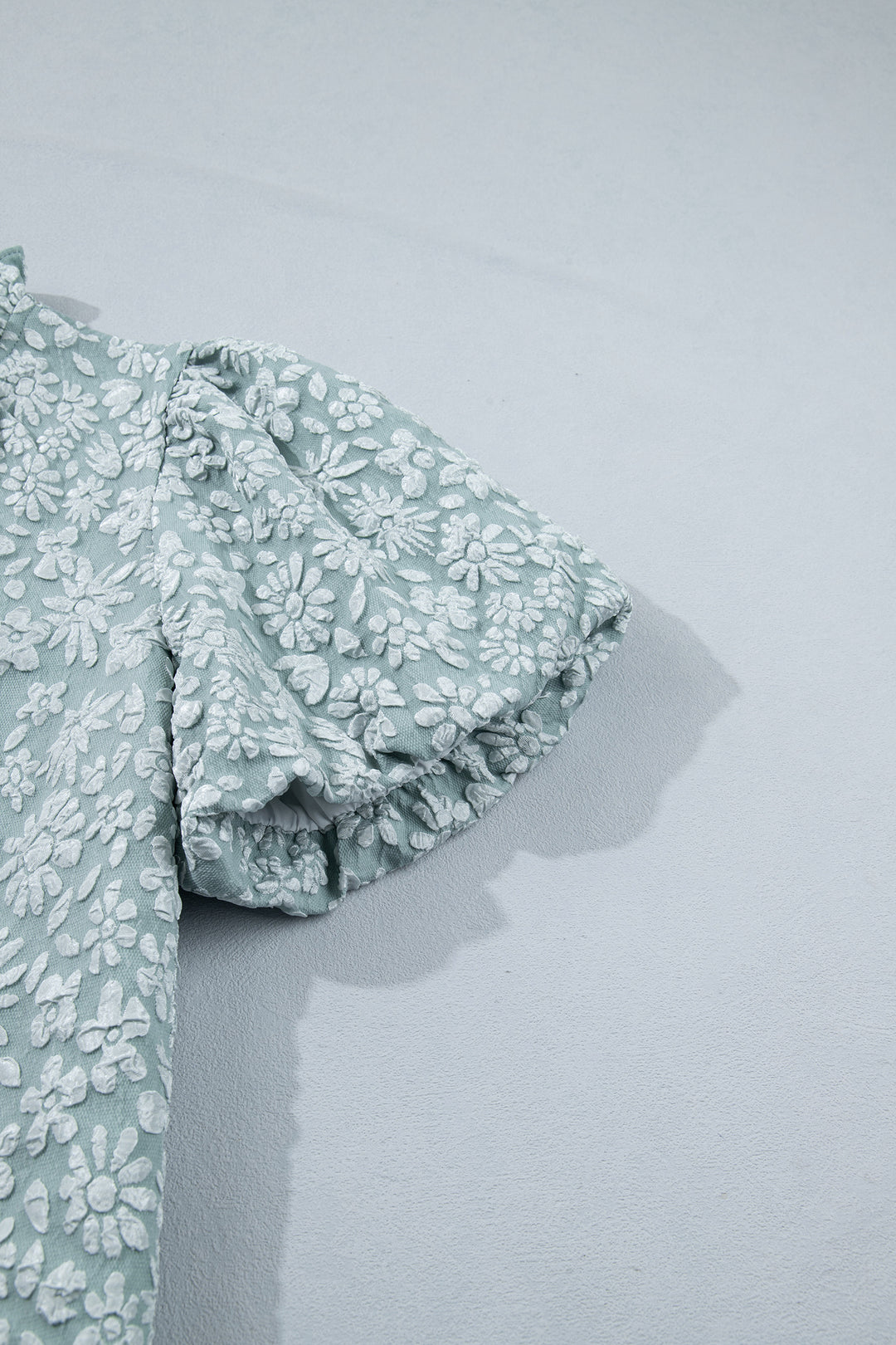 Iceland Blue Floral Textured Jacquard Puff Sleeve Blouse