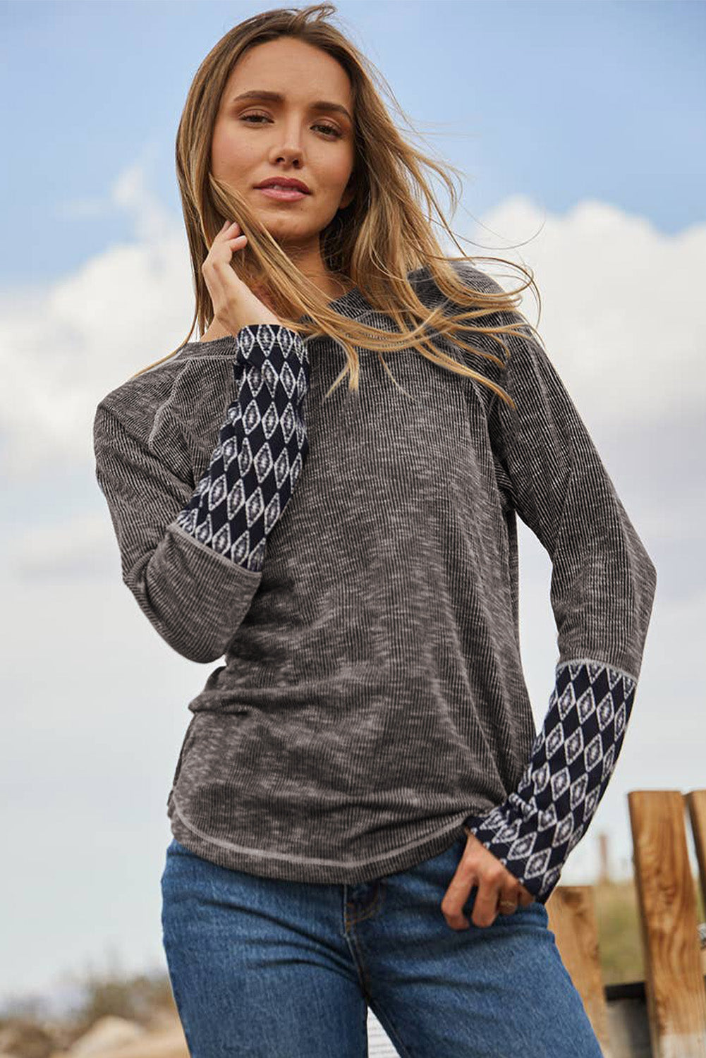 Gray Aztec Patchwork Ribbed Long Sleeve Top