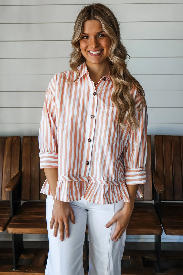 Khaki Stripe Button Front Ruffle Hem Bracelet Sleeve Shirt